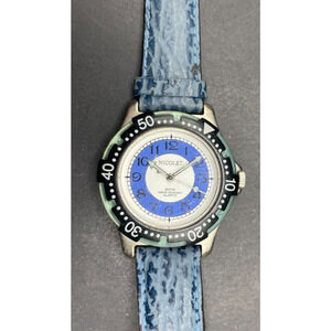 Nicolet 3TM Quartz Wristwatch Rotating Bezel Blue White Dial Leather Band w/ Tag